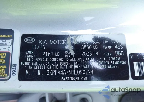 2017 Kia Forte Lx z USA, uszkodzony, nr VIN 3KPFK4A75HE090224